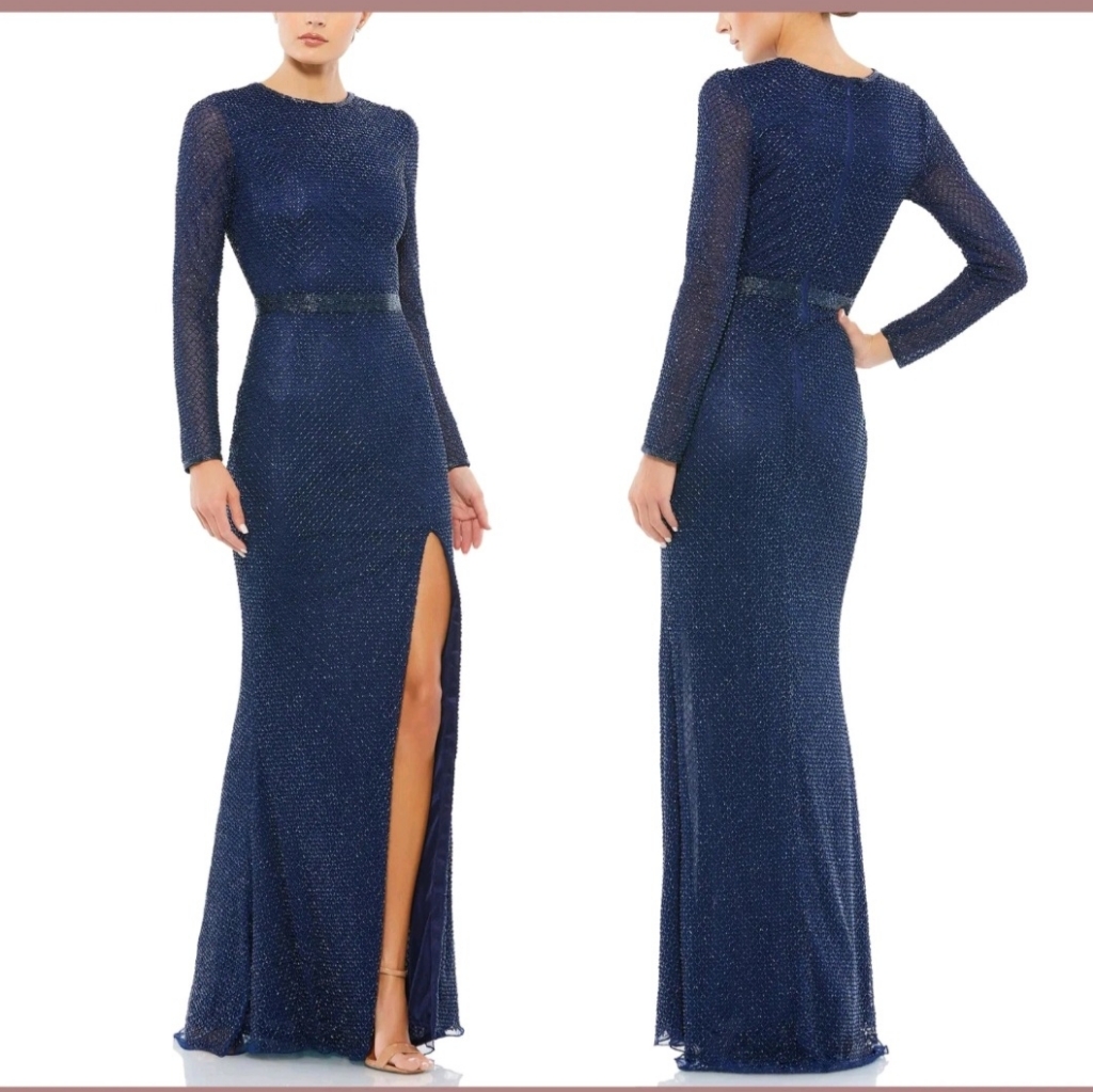 Mac Duggal Beaded High Neck Long Sleeve Gown Midnight Blue Plus Sz 16 Nwot Dress